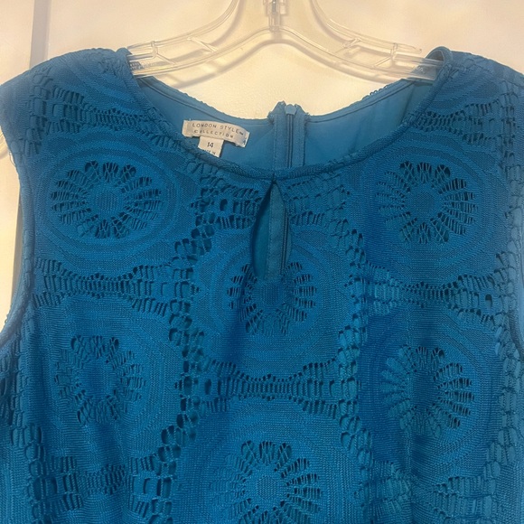 London Style Collection Turquoise circle Lace Overlay Sleeveless Dress sz14 - Picture 13 of 16
